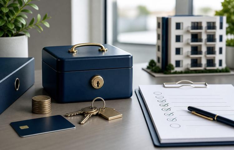 Kautionsbox, Schlüssel und Checkliste für eine Mietkaution