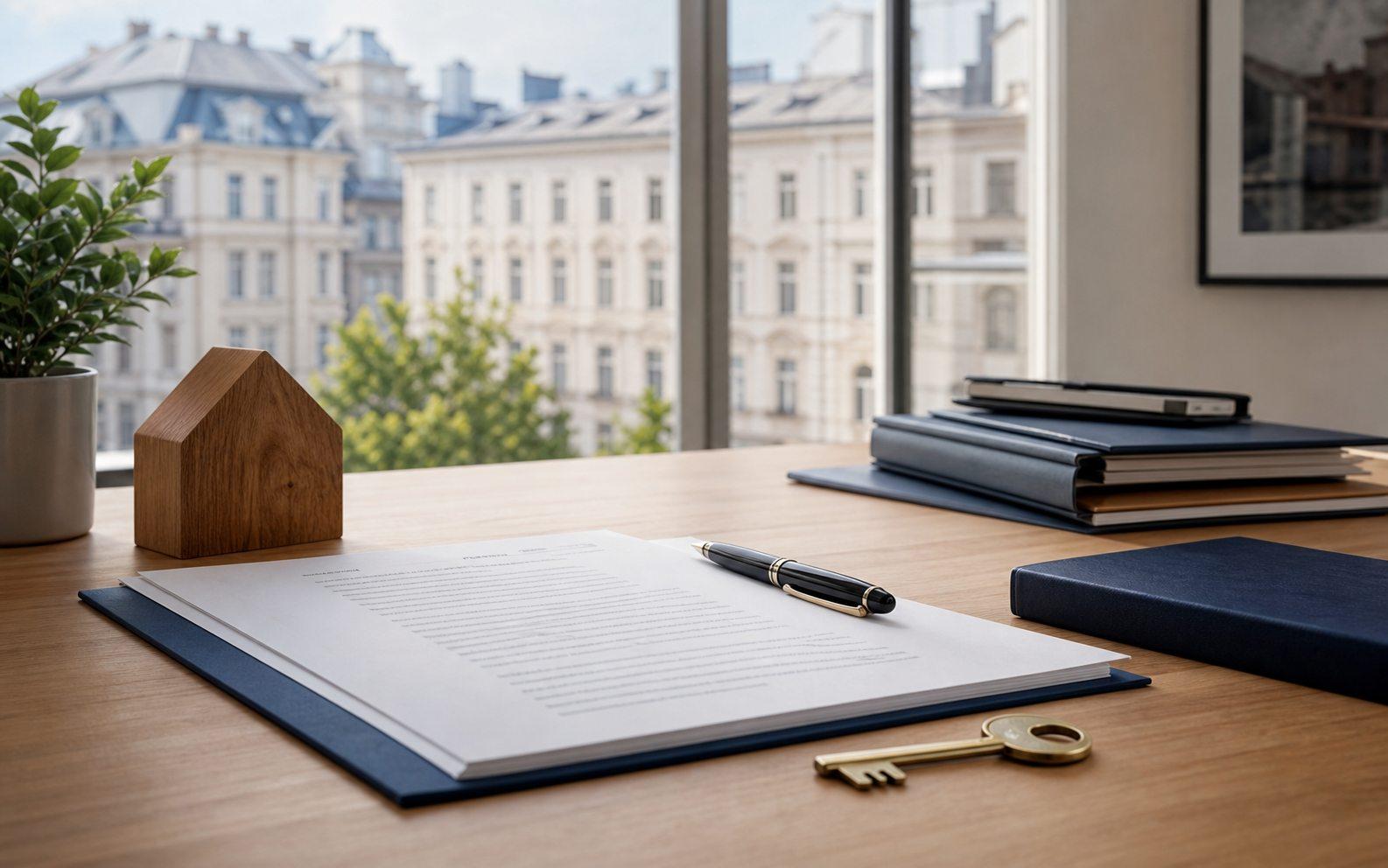 Mietvertrag, Schlüssel und Aktenordner auf einem Schreibtisch vor einem Wiener Wohnhaus